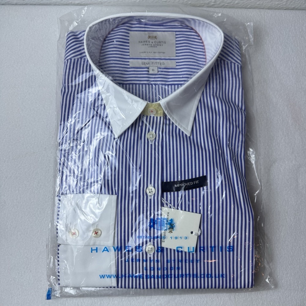 New Hawes & Curtis Woman's Semi Fitted Blue And White Striped Shirt UK 16 US 12